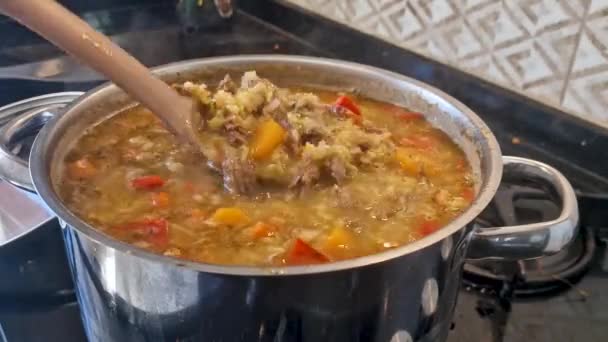 Very Tasty Beef Lentil Soup Being Cooked Stove Cook Cooking — Vídeo de stock
