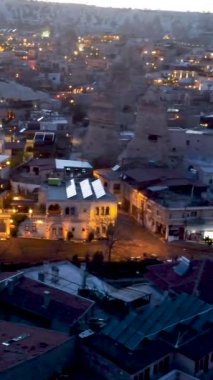Drone flying over sunset Goreme, Cappadocia, Turkiye. High quality 4k footage