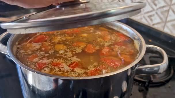 Very Tasty Beef Lentil Soup Being Cooked Stove Cook Cooking — Vídeo de stock
