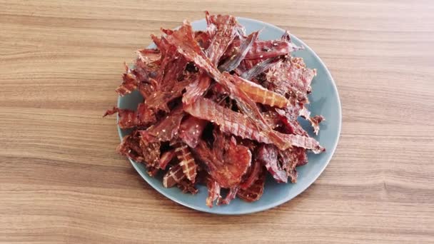 Ready Made Homemade Chicken Slices Dehydrator Jerky Close High Quality — Stock Video