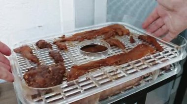 Erkekler eldiven giyip Chiken dilimleri pişirirken susuz kalınca kurutucuda kurutulmuş et yapıyorlar. Yüksek kalite 4k görüntü