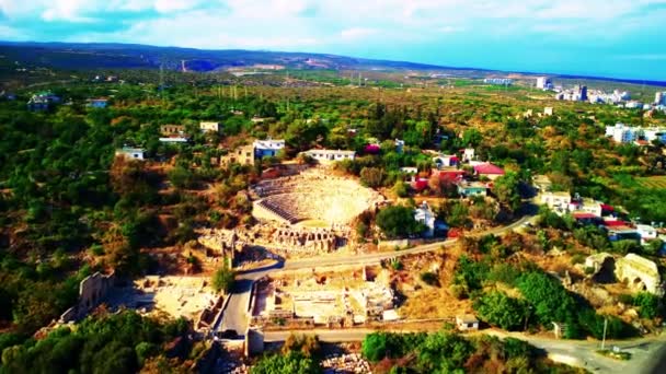 Amfiteater Den Antika Staden Agora Dramatisk Solnedgång Himmel Mersin Turkiet — Stockvideo