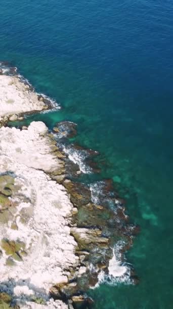 해변에서 바다로 천천히 절벽의 무인비행기 아래쪽과 고품질 — 비디오