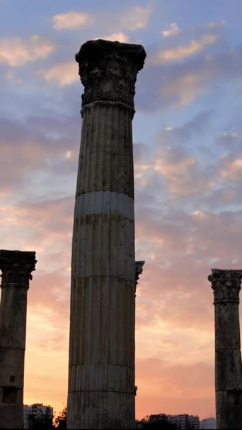 当太阳落在土耳其梅尔辛的庞贝里奥波利斯时 圆柱的阴影延长了 一个古老的立柱 一个永恒的哨兵 每根柱子上都有一个故事 在黄昏的几个世纪里被蚀刻着 — 图库视频影像