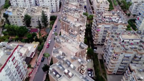 Drone Widok Mersin Zachodzie Słońca Koncentrując Się Dachach Domów Innowacje — Wideo stockowe