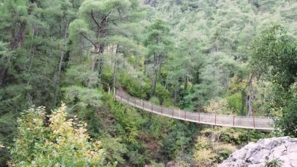 Caminhadas Aventura Sobre Ponte Madeira Kapikaya Canyon Cruzando Rio Montanha — Vídeo de Stock