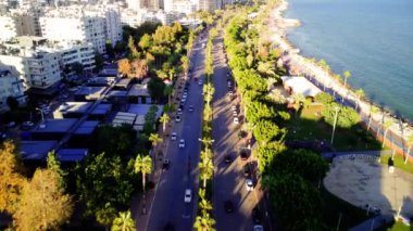  Mersin 'deki palmiye yolu manzaralı İHA manzarası, şehir manzarasının bir örneği. Mersin 'de avuçların ortasında bir dron perspektifi. Mersin 'de palmiyeler yan yolda, İHA' lar şehrin manzaralı rotasını gösteriyor..