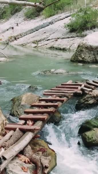 Puente Madera Cruza Río Limpio Montaña Mostrando Ecología Río Limpio — Vídeos de Stock