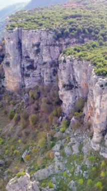 Kanyon üzerinde İHA uçuşu, sarp kayalıkları yakalamak, yeşil orman. Panoramik uçurum manzarası, kanyon, vadi, vahşi orman, dağ sıraları. Uçurum manzarasında doğal ihtişam görülür..