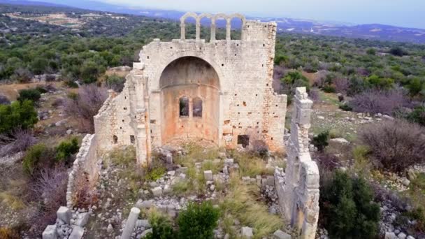 Drón Elfogja Okuzlu Romokat Mediterrán Örökség Virágzik Okuzlus Ősi Bazilika — Stock videók