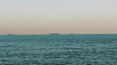 Gün batımında martılar, yol kenarında gemilere karşı siluetler. Martılar yüzüyor, alacakaranlıkta demir atmış gemilerin arkaplanı. Deniz aşırı martılar, gün batımı manzaralı gemiler yol kenarında demirli.. 