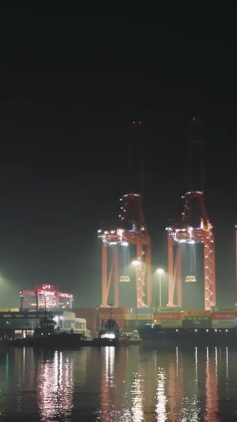 Nachtansicht Beleuchteter Kräne Hafen Die Sich Wasser Spiegeln Hafenlandschaft Mit — Stockvideo