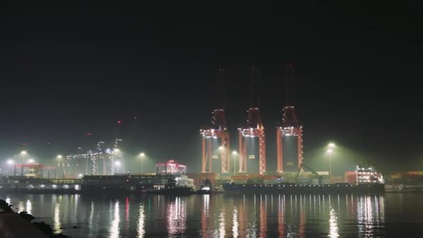 Nachtansicht Beleuchteter Kräne Hafen Die Sich Wasser Spiegeln Hafenlandschaft Mit — Stockvideo