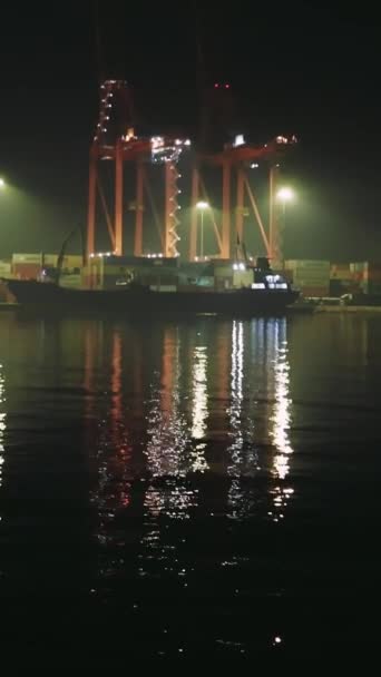 Nacht Hafen Beleuchtete Kräne Schillernde Reflexe Wasser Häfen Leuchtende Kraniche — Stockvideo