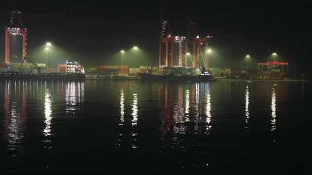 Nacht Hafen Beleuchtete Kräne Schillernde Reflexe Wasser Häfen Leuchtende Kraniche — Stockvideo
