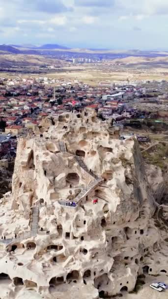 Drone View Toont Uchisar Kastelen Oude Allure Cappadocia Turkije Oezbeekse — Stockvideo