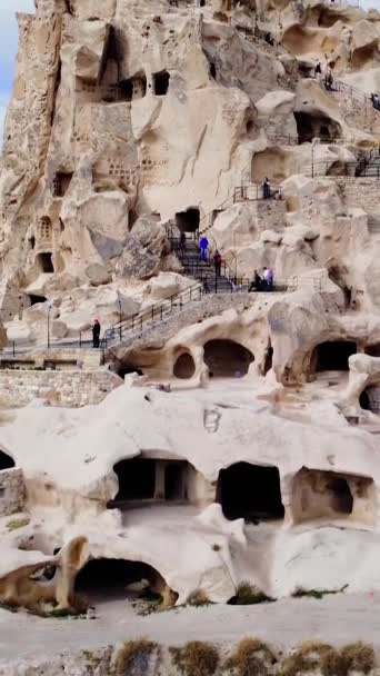Drone Reveals Uchisar Castles Geological Splendor Cappadocia Stunning Geological Formations — Stock Video