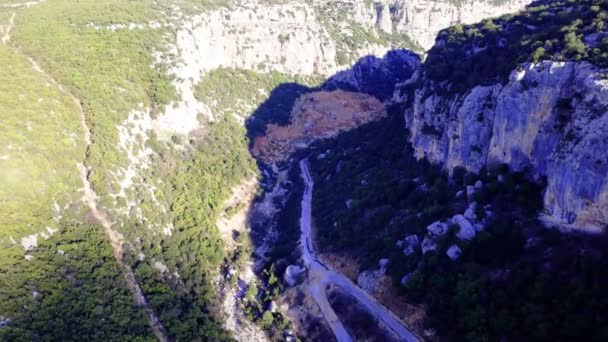 无人机捕捉到高山全景探索森林岩石峡谷中揭示自然平衡的生态 沉浸在展示山区生态系统相互联系的过程中 — 图库视频影像