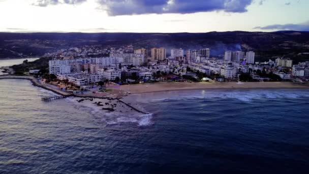 Drone Gracefully Glides Sea Coastal Mediterranean City Line Sunset Turkey — Stock Video