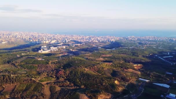 Panorama Kustplaats Turkije Mersin Tijdens Zonsondergang Luchtfoto Drone Uitzicht Landschap — Stockvideo