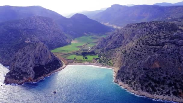 Luftaufnahme Zeigt Versteckten Strand Der Türkei Tal Mittelmeer Trifft Versteckten — Stockvideo
