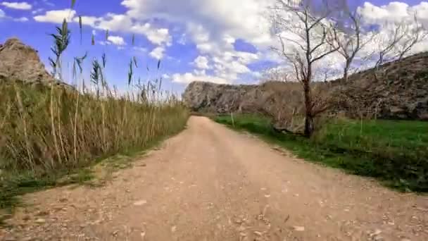 Driving Mountain Dirt Road Experiencing Travel Mountain Landscapes Blue Sky — Stock Video