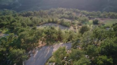 Drone dağ yolunu yakalar, ormandan geçer, dönüşleri renklendirir. Dağ yolunu göstermek için ideal, doğayı döndürmek için. Dağ yolu videoları ve maceralar için mükemmel.. 