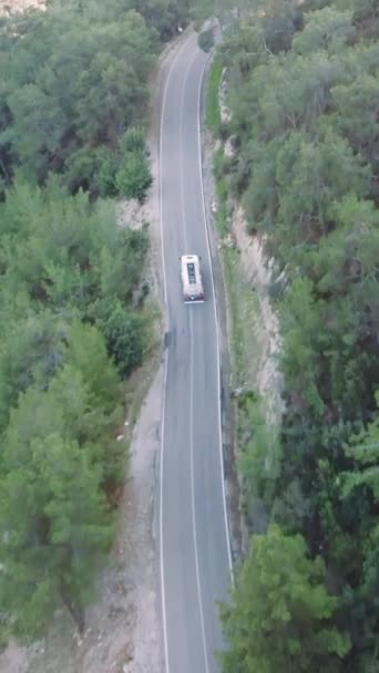 ドローンは 道路の旅 運転に最適な森林を介してマウンテンロードの車に続きます 道路旅行の本質をキャプチャし 自然の中で運転します ロードトリップ ドライブアドベンチャーのショーに最適 — ストック動画