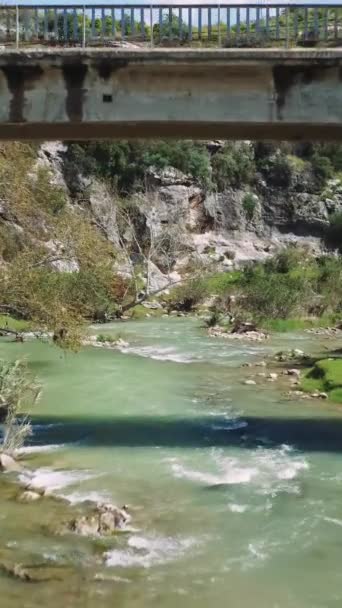 Drone Vuela Bajo Puente Capturando Río Montaña Puente Paisaje Del — Vídeos de Stock
