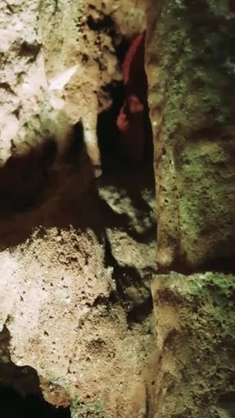 地下洞窟を探索し 活気に満ちたストーカーで最高の地質を発見してください ユニークな洞窟 古代の石灰岩の地質学的景色 地質学的眺め 岩石の質感を魅了する 高品質の4K映像 — ストック動画