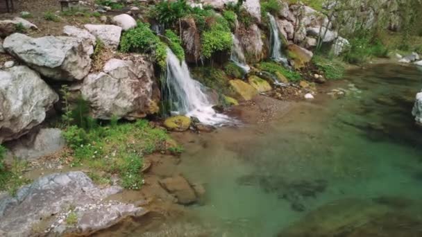 Wideo Pokazuje Mały Wodospad Górską Rzekę Krystalicznie Czystą Wodą Przechwytywanie — Wideo stockowe