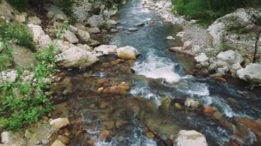 Temiz suyla ormandaki güzel dağ deresinin insansız hava aracı görüntüsü. Güzel bir dağ manzarası, alçak irtifadan akıyor. Çevresel odak güzel, dağ, akarsu korunumu. 
