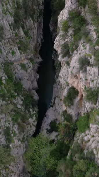 Imagens Drones Sobre Rio Montanha Desfiladeiro Mostrando Paisagem Rochosa Vista — Vídeo de Stock