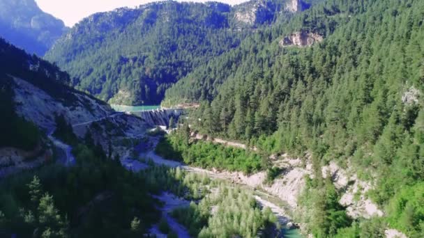 Energía Hidroeléctrica Metraje Presa Del Dron Escena Del Valle Montaña — Vídeos de Stock