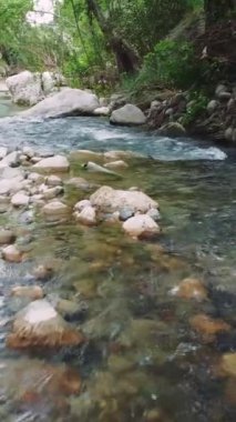 Dere manzarası, dağ ormanlarındaki kaya oluşumları. Kristal berrak su derenin, kayanın üzerinden akar. Hava görüntüleri eko-turizm noktasını, dereyi ve kayayı el değmemiş bir şekilde yakalıyor. Yüksek kalite 4k görüntü