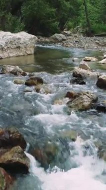 Drone görüntüsü dağ nehrini yakalıyor, ormandaki taş sıralı kıyıları. Dağ nehrindeki taşların üzerinden temiz su akar. Barışçıl dağ nehri, taştan görseller havadan bakıldığında.