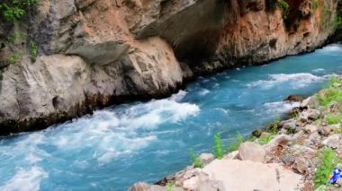Serenitys Sarılması: Turkuaz Nehir Dansı. Turkuaz suyu olan hızlı bir dağ nehri yemyeşil bir ormanın içinden akar ve çarpıcı bir doğal güzellik ve güç gösterisi yaratır.. 
