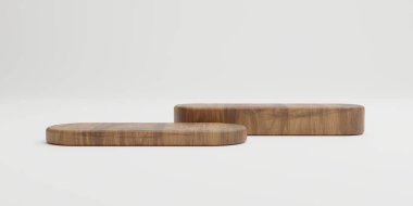 Beyaz arka planda kahverengi tahta kübik ürün sahnesi podyumu izole edildi. En az moda teması. Geometri sergisi sahne modeli konsepti. 3B resimleme grafiksel tasarımı