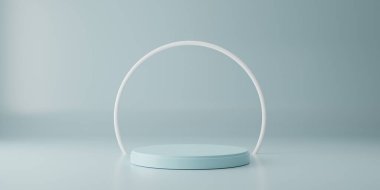 Ürün sunumu için saf model geometrik stüdyo, boş podyum veya halka ve başarı kavramına sahip mavi arkaplan üzerinde kaide görüntüsü. 3d oluşturma