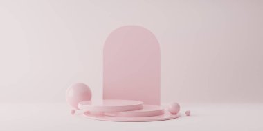 Podyum ve soyut arkaplanı olan en küçük sahne. Yumuşak pembe ve beyaz renkli sahneler. Sosyal medya afişleri, tanıtım ve kozmetik ürünler için 3D moda. Geometrik şekiller iç kısımda