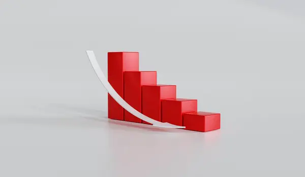 Red 3d arrow down graphic icon sign on decrease economic web background with loss business chart symbol or crisis marketing inflation price low bankrupt investment and sales target economy recession