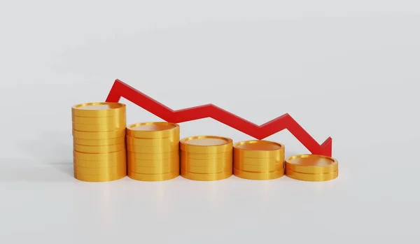Stack Gold Coins Red Arrow Them Symbol Crisis Recession Inflation — Stock Photo, Image