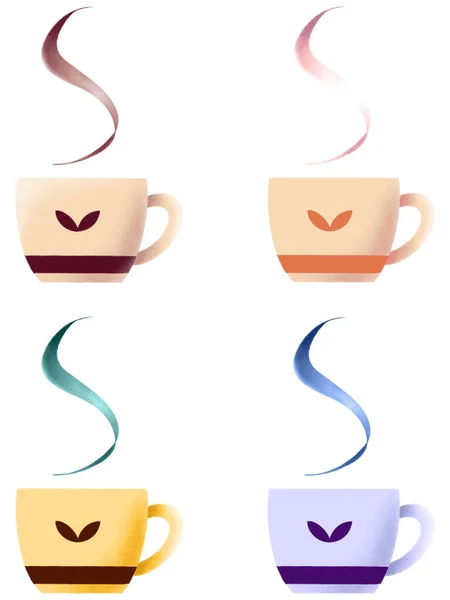 Hot Cups Met Stoom Vier Verschillende Kleuren Getekend Cartoon Stijl — Stockfoto