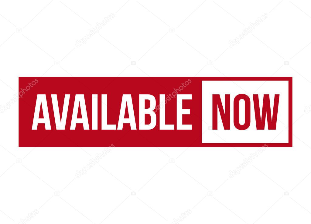 Available now red vector banner illustration isolated on white background