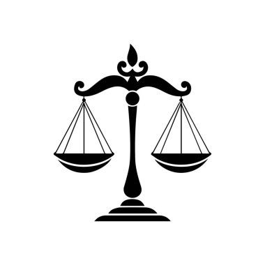 Denge simgesi. Hukuk ve adalet teması. Siyah tasarım. Vektör illüstrasyonu