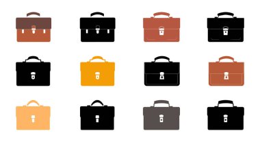 Evrak çantası simgesi seti. Beyaz arkaplanda evrak çantası vektör simgelerinin toplanması. Düz simge