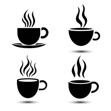 Kahve fincanı ikonu seti. Siyah kahve fincanı simgesi beyaz arkaplanda. Vektör illüstrasyonu