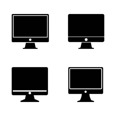 Monitör simgesi ayarlandı. Siyah Bilgisayar Monitörü simgesi beyaz arkaplanda ayarlandı. Vektör illüstrasyonu