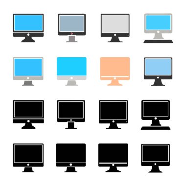 Bilgisayar Monitörü simgeleri kümesi. Düz ve kabartma biçiminde vektör illüstrasyonu