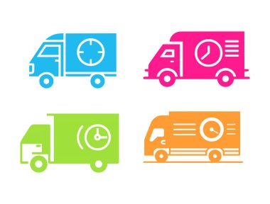 Bir dizi teslimat kamyonu ikonu. Düz biçimli vektör illüstrasyonu